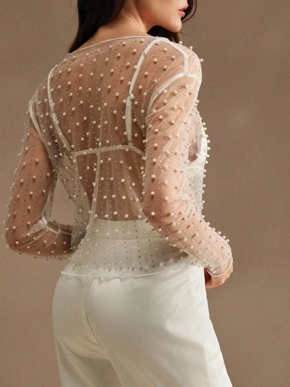 White Sexy Women's Sheer Mesh Long Sleeve Blouse
